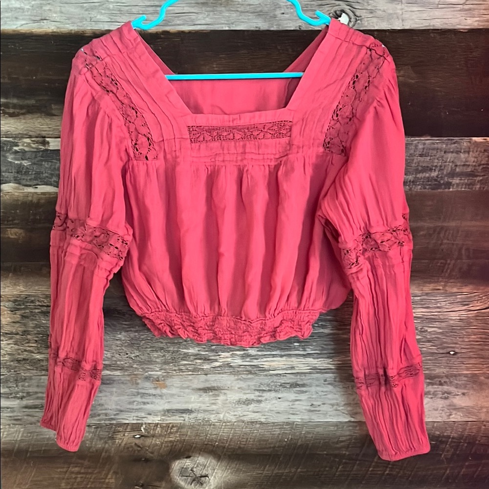 American Eagle Outfitters Faded Red Smocked Ruffled Blouse with Lace detail